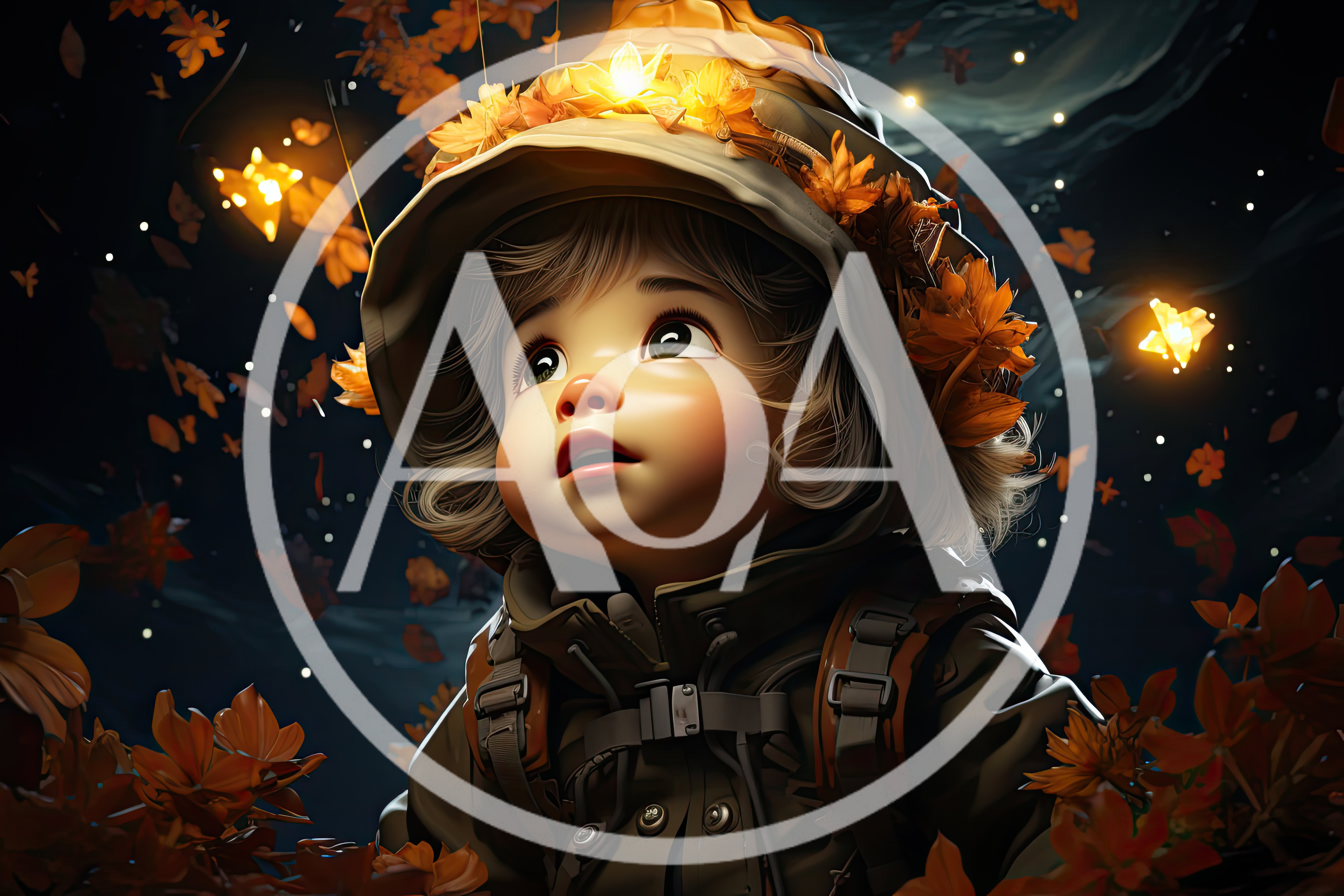 Cute Child Wearing Autumn Leaf Hat In Magical Forest