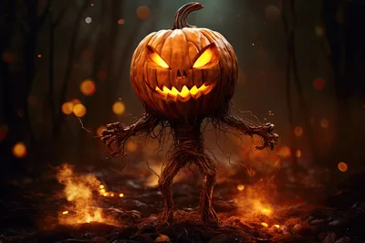 Scary Pumpkin Creature Standing In Dark Forest