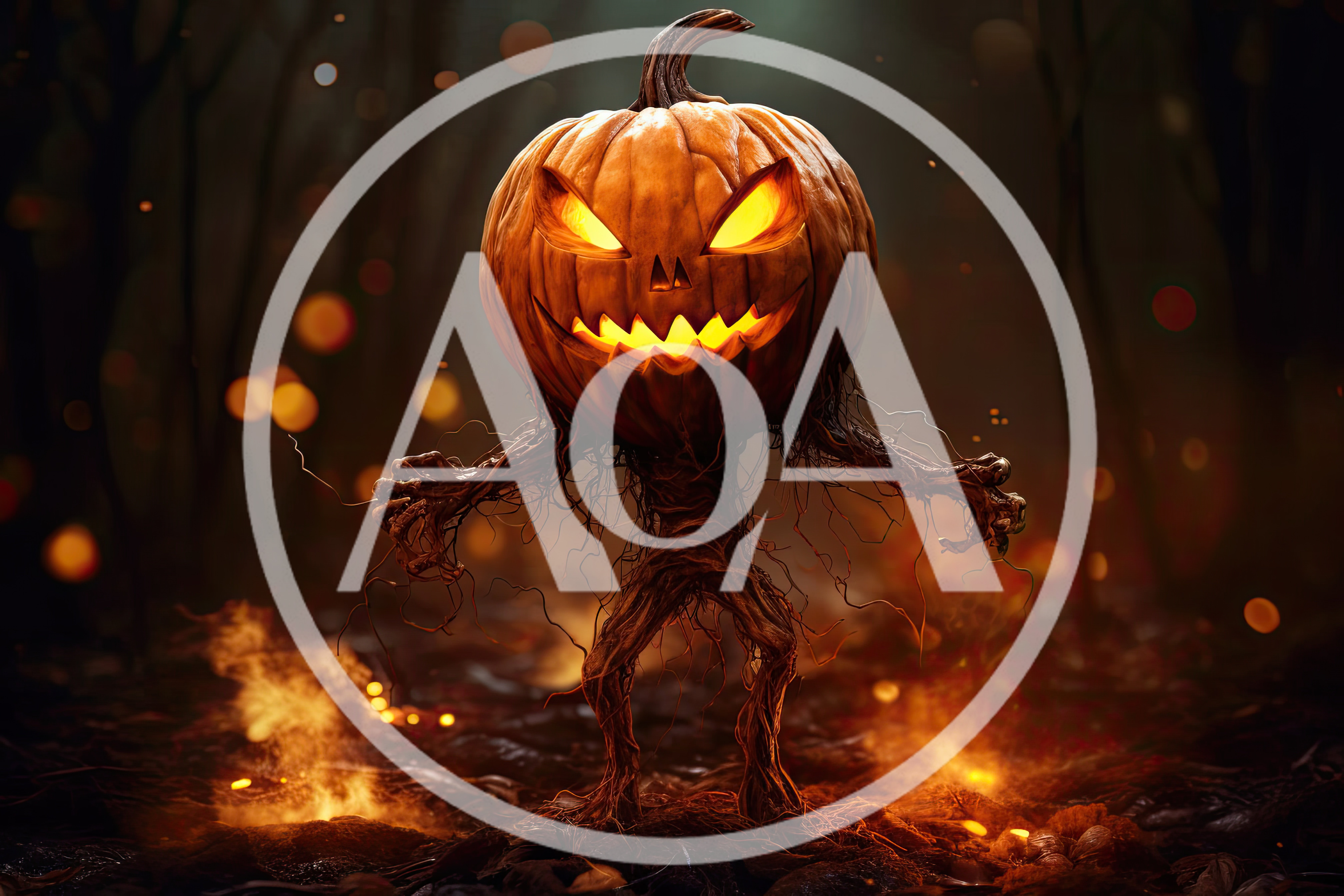 Scary Pumpkin Creature Standing In Dark Forest