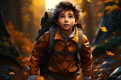 Young Boy Hiking Through An Autumn Forest