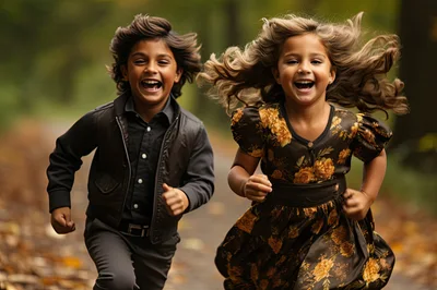 Joyful Children Running Together Through An Autumn Forest
