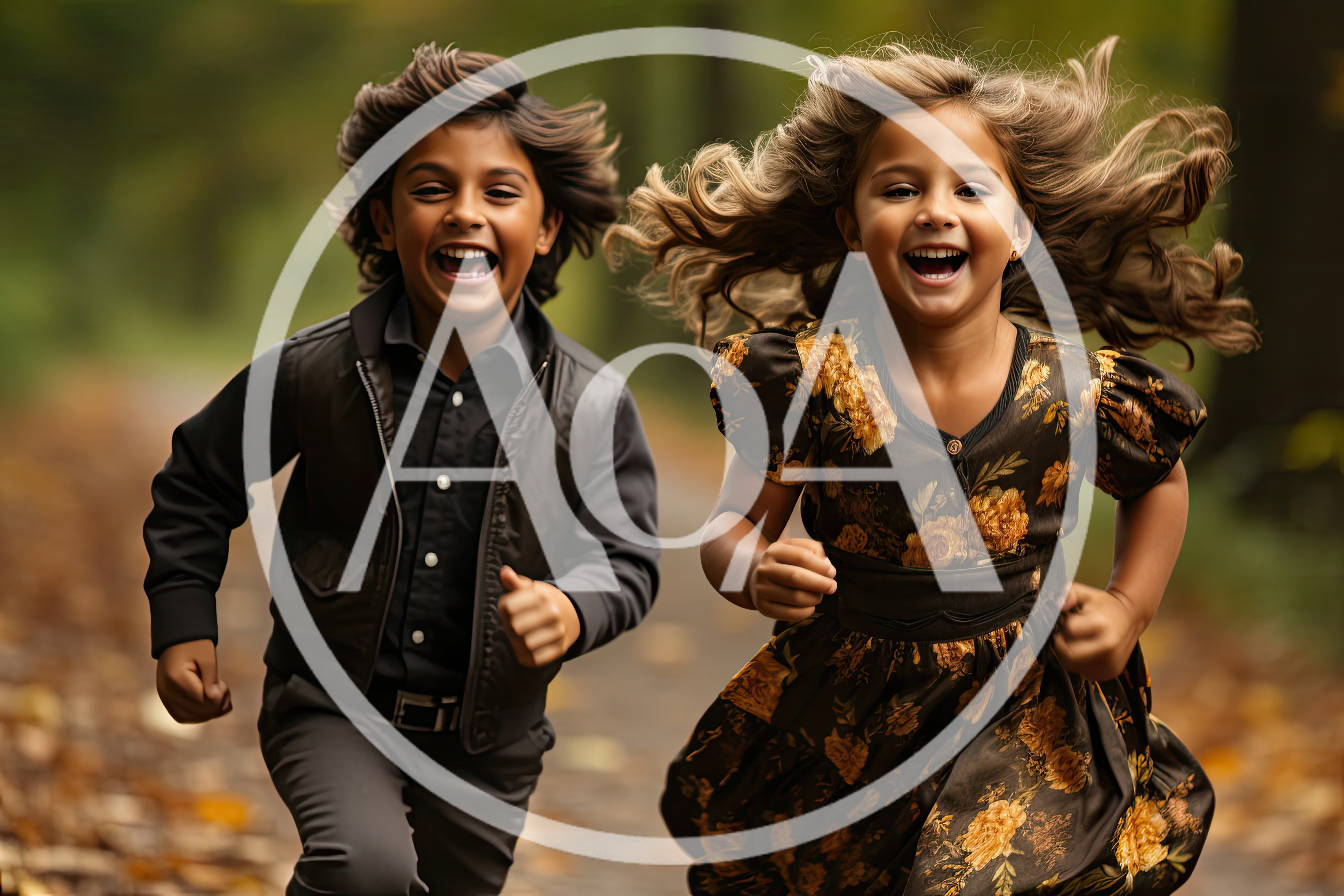 Joyful Children Running Together Through An Autumn Forest