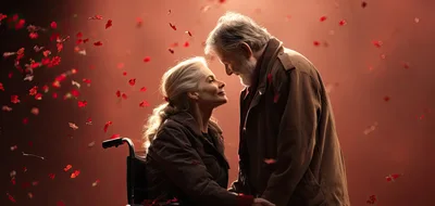 Elderly Couple Sharing A Romantic Moment With Falling Petals