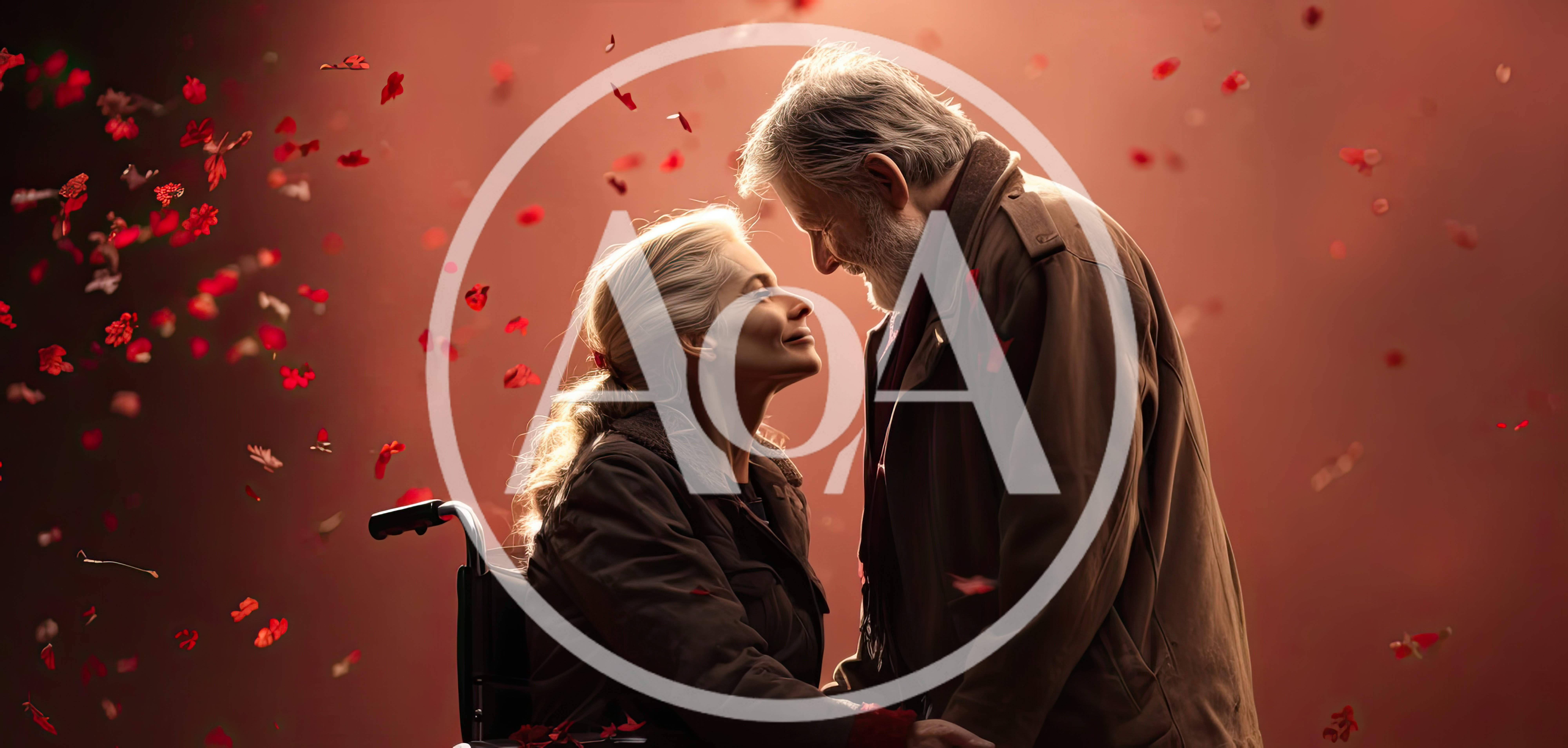 Elderly Couple Sharing A Romantic Moment With Falling Petals