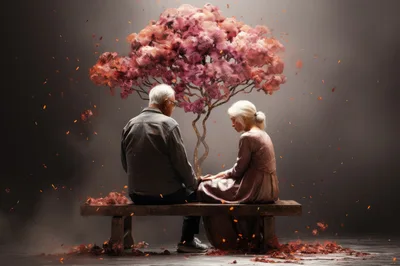 Elderly Couple Sitting Together Under A Surreal Tree