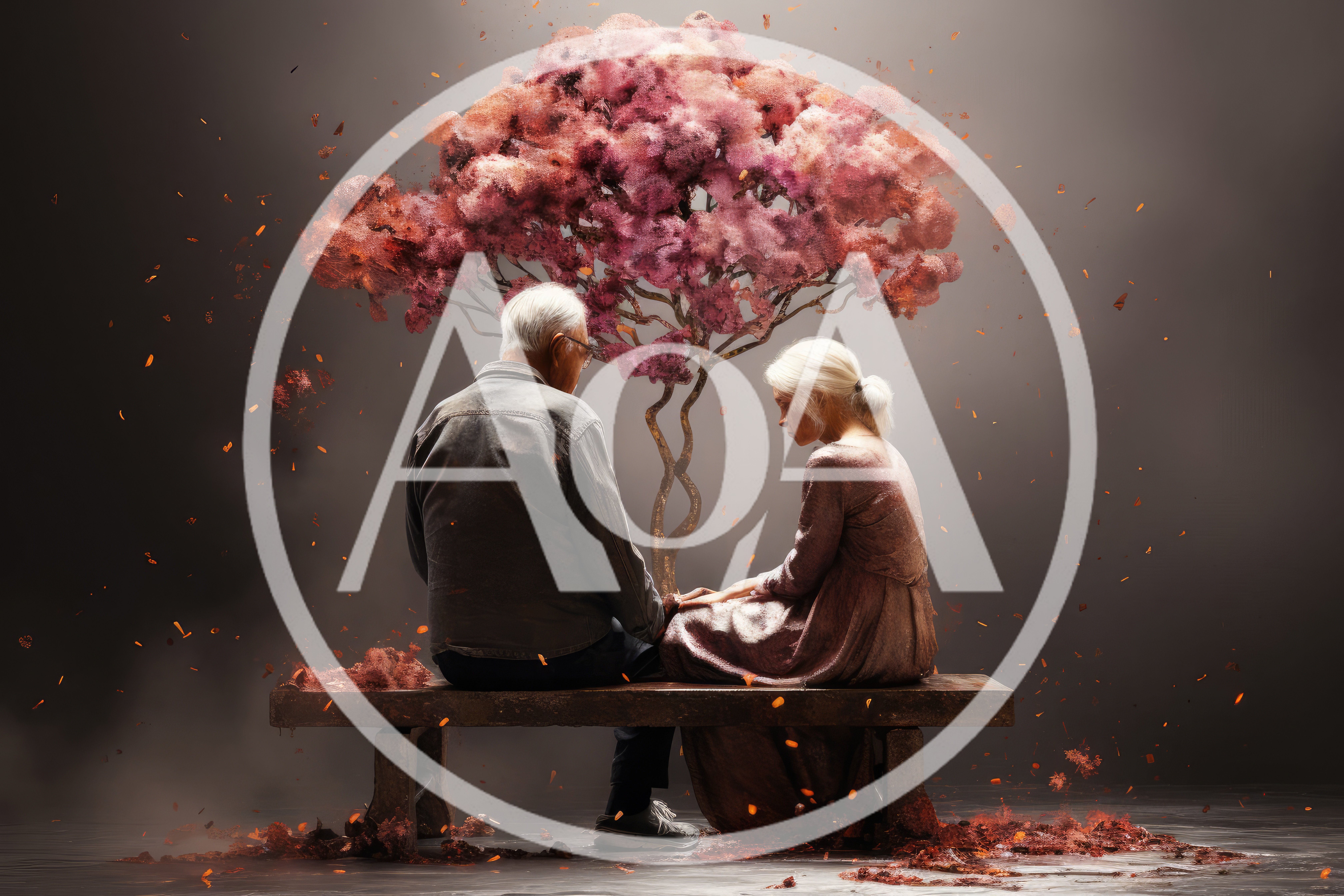 Elderly Couple Sitting Together Under A Surreal Tree