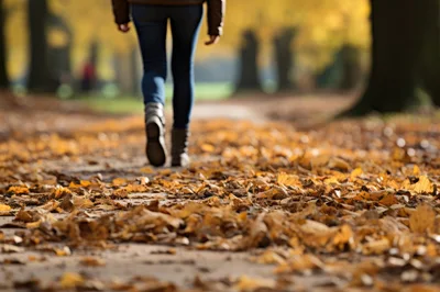 Person Walking Through Autumn Leaves On A Forest Path
