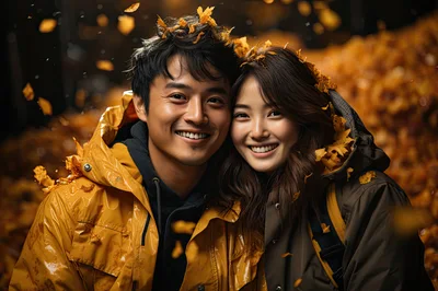 Happy Couple Embracing Amidst Falling Autumn Leaves