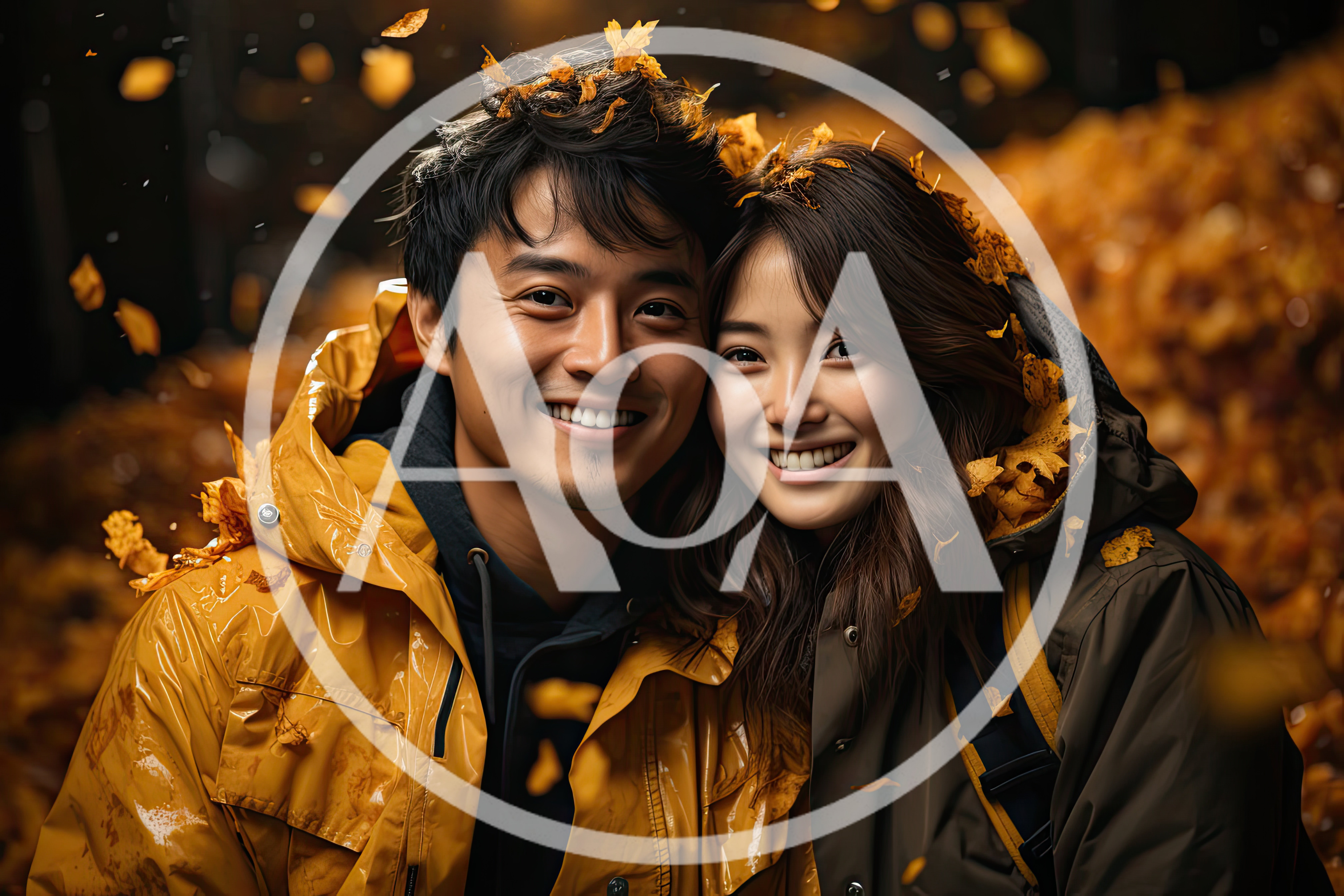 Happy Couple Embracing Amidst Falling Autumn Leaves