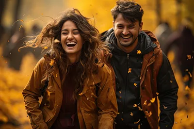 Happy Couple Laughing While Walking Through Autumn Leaves