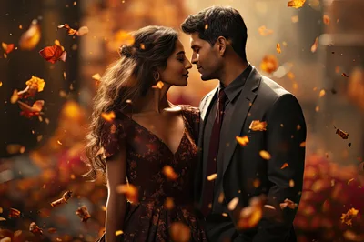 Romantic Couple Embracing Amidst Falling Autumn Leaves