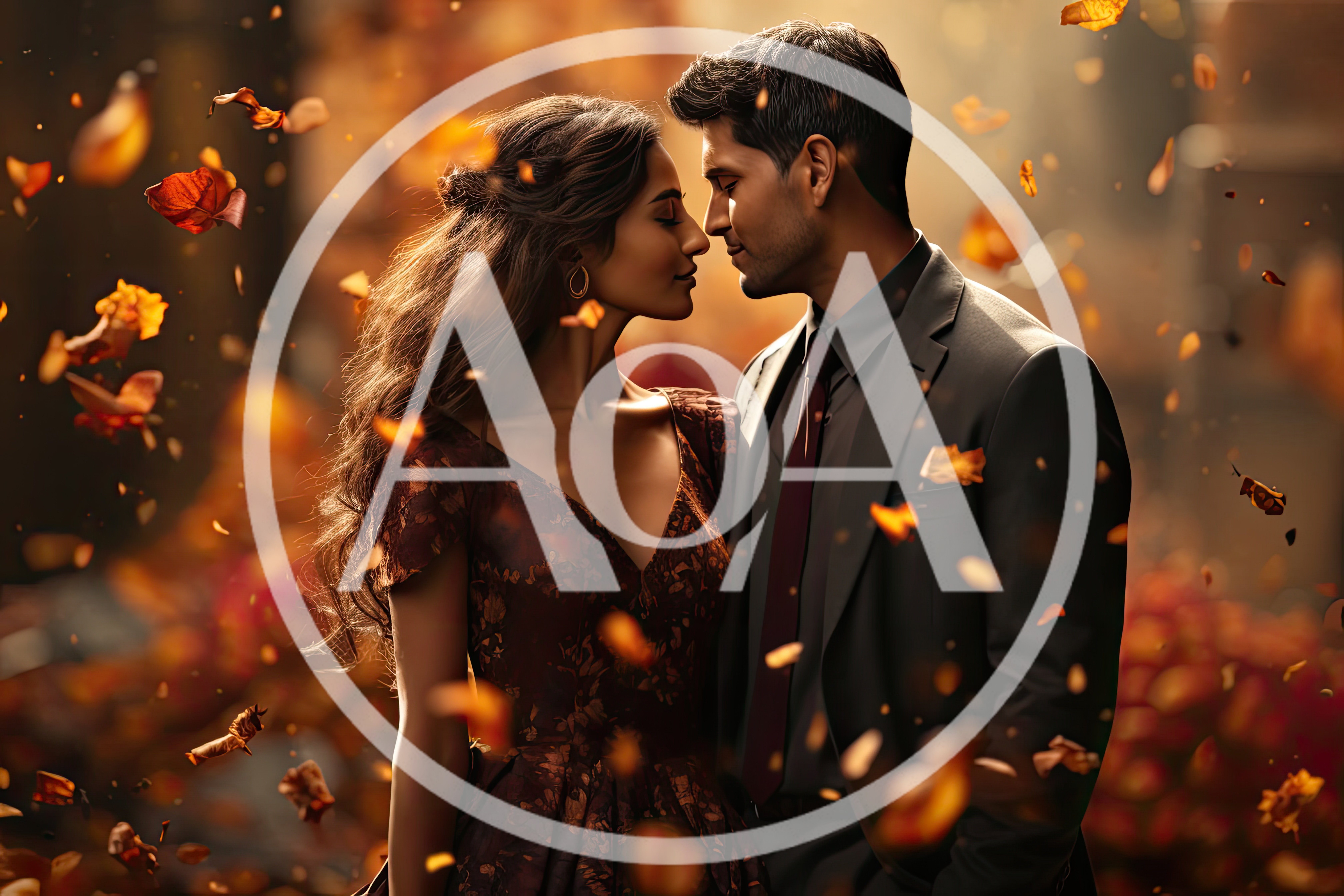 Romantic Couple Embracing Amidst Falling Autumn Leaves