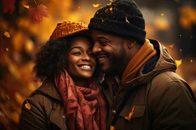 Happy Couple Embracing Outdoors During Autumn Season
