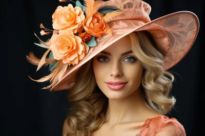 Elegant Blonde Woman Wearing A Decorative Peach Hat