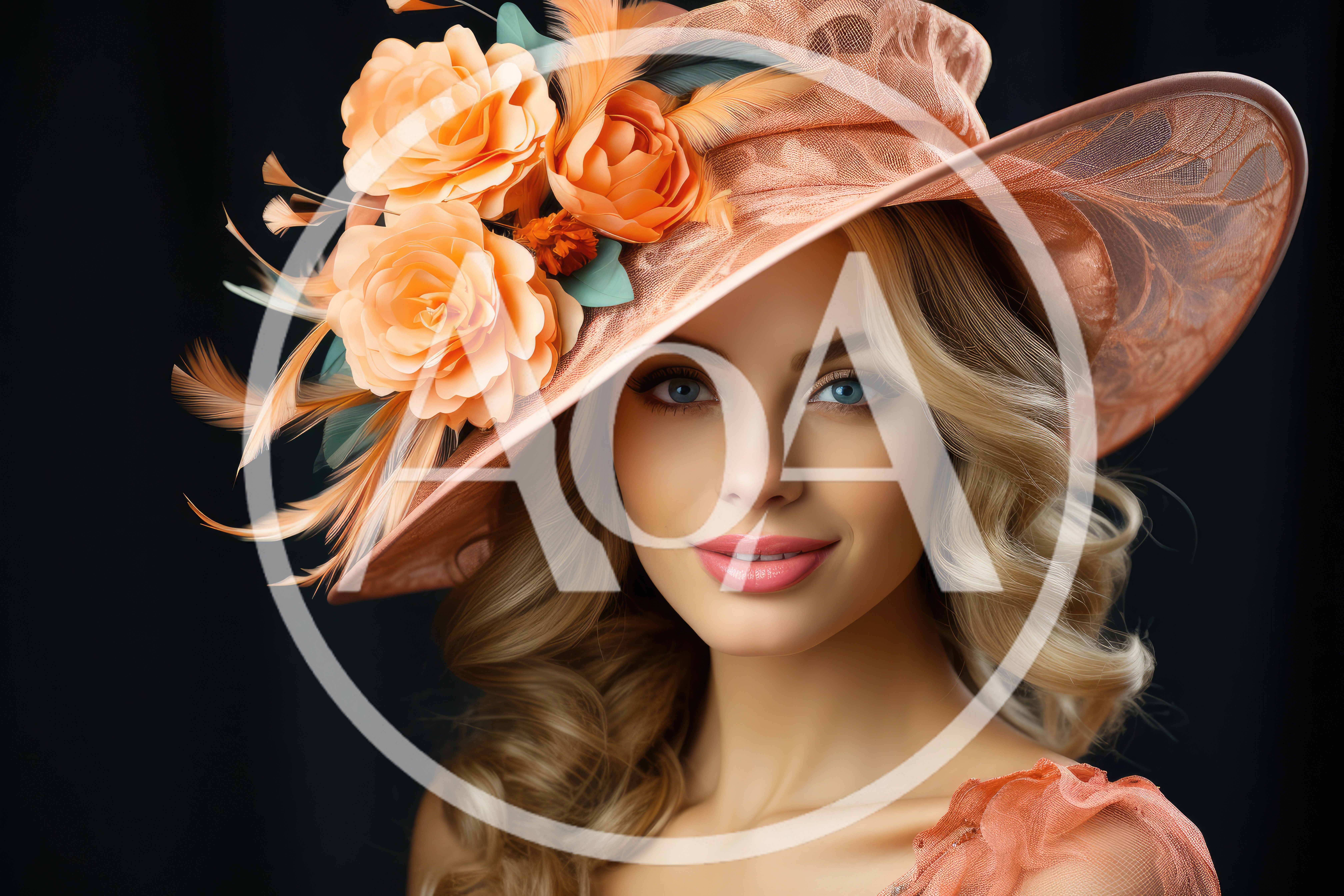 Elegant Blonde Woman Wearing A Decorative Peach Hat