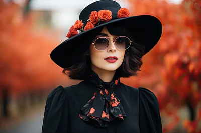 Elegant Woman Wearing Black Hat With Red Roses
