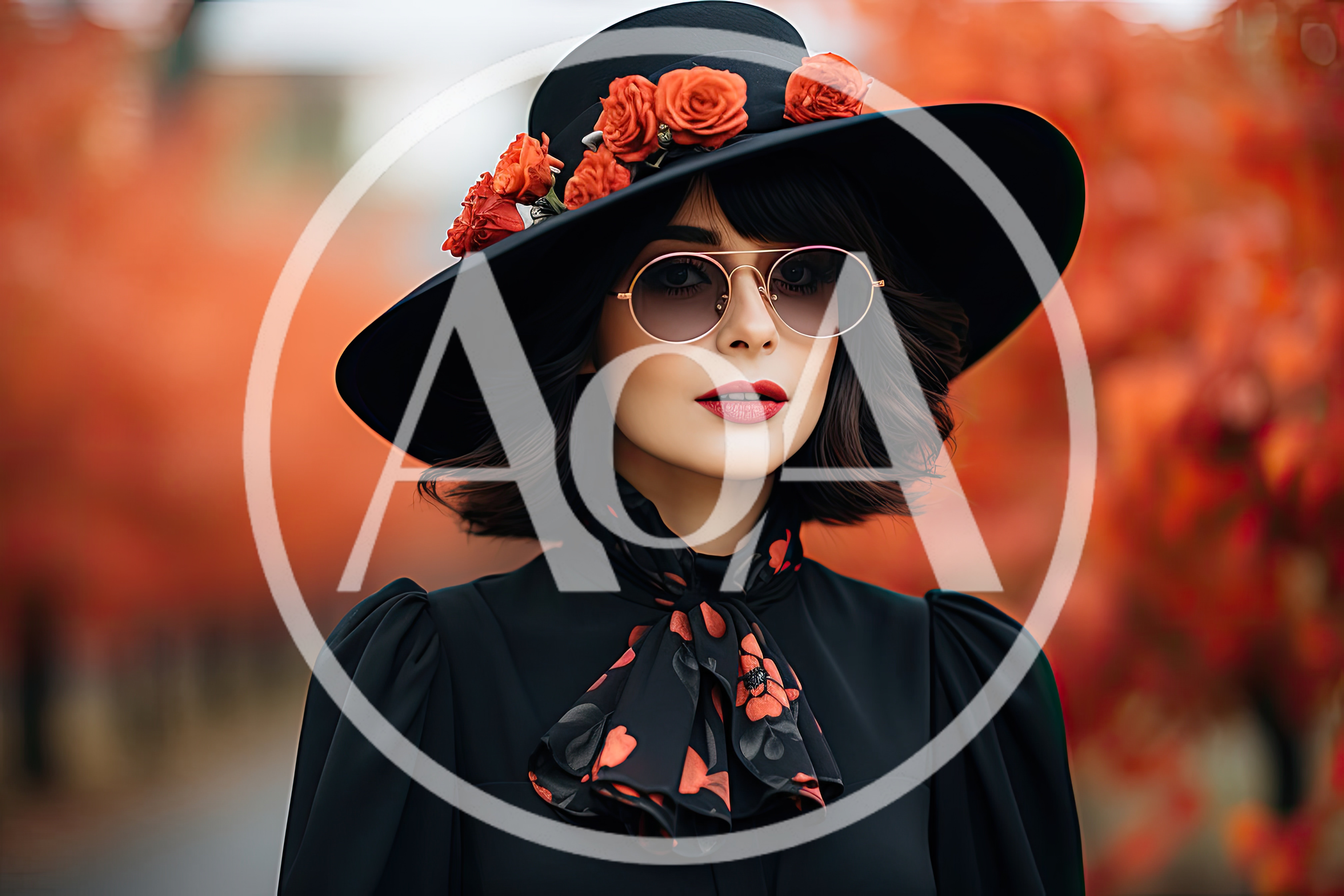 Elegant Woman Wearing Black Hat With Red Roses