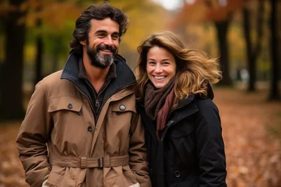 Happy Couple Walking Together In An Autumn Park