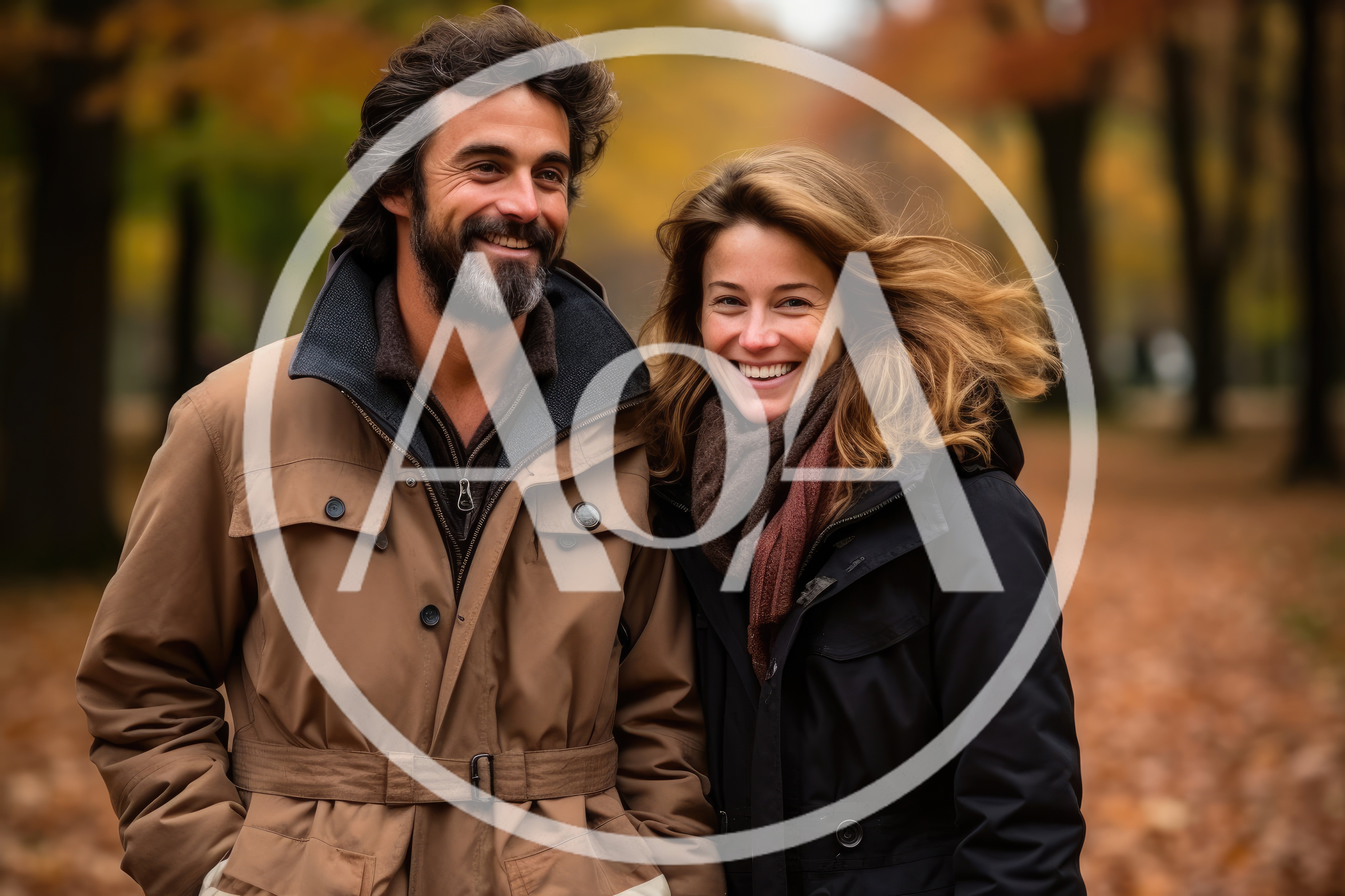 Happy Couple Walking Together In An Autumn Park