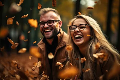 Happy Couple Laughing Amidst Falling Autumn Leaves