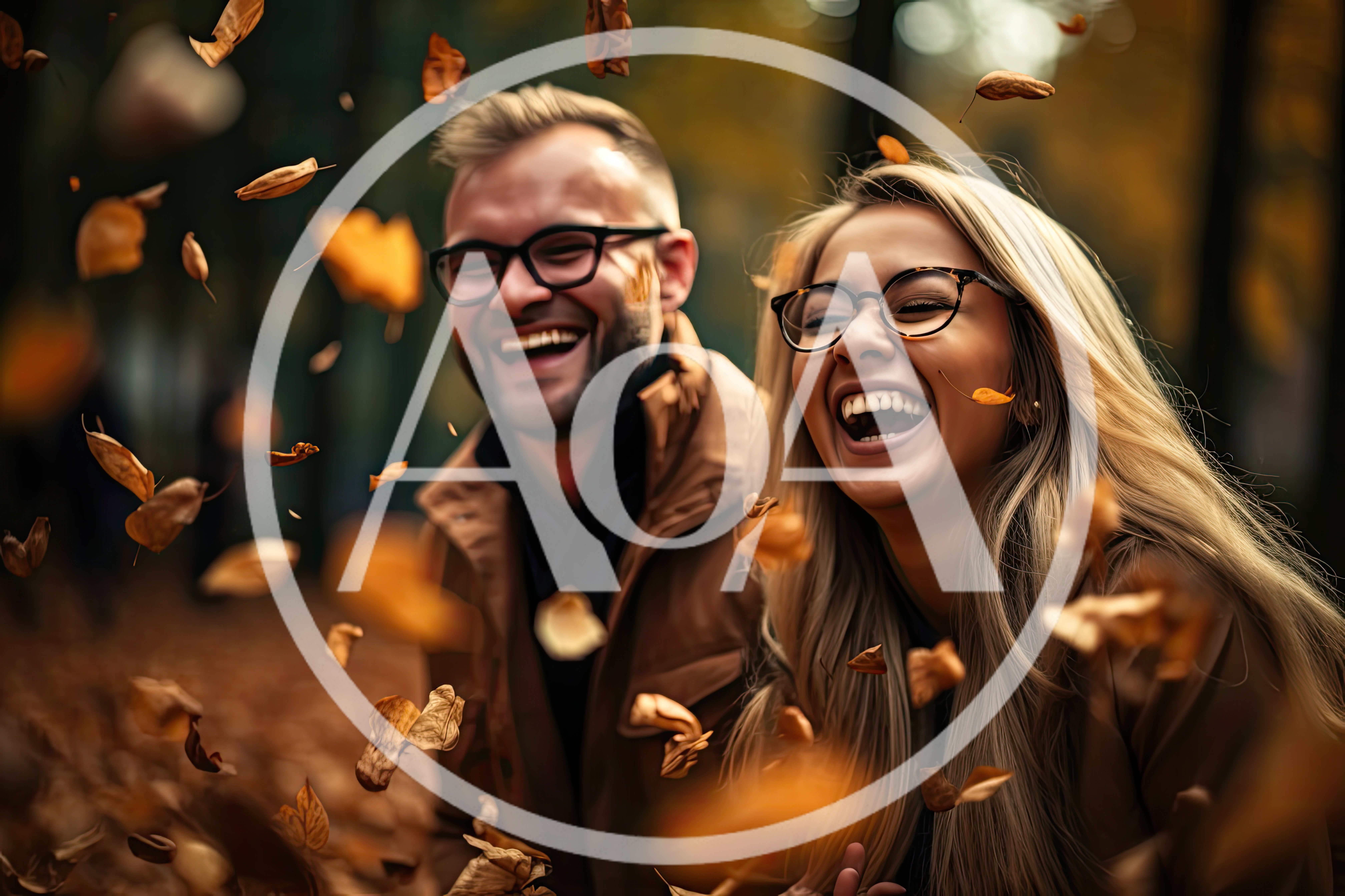 Happy Couple Laughing Amidst Falling Autumn Leaves