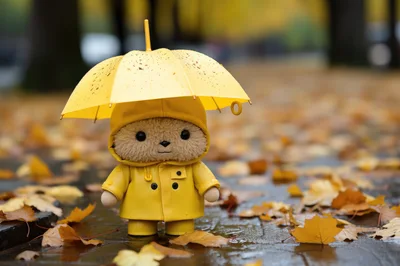 Cute Teddy Bear Wearing Yellow Raincoat And Umbrella