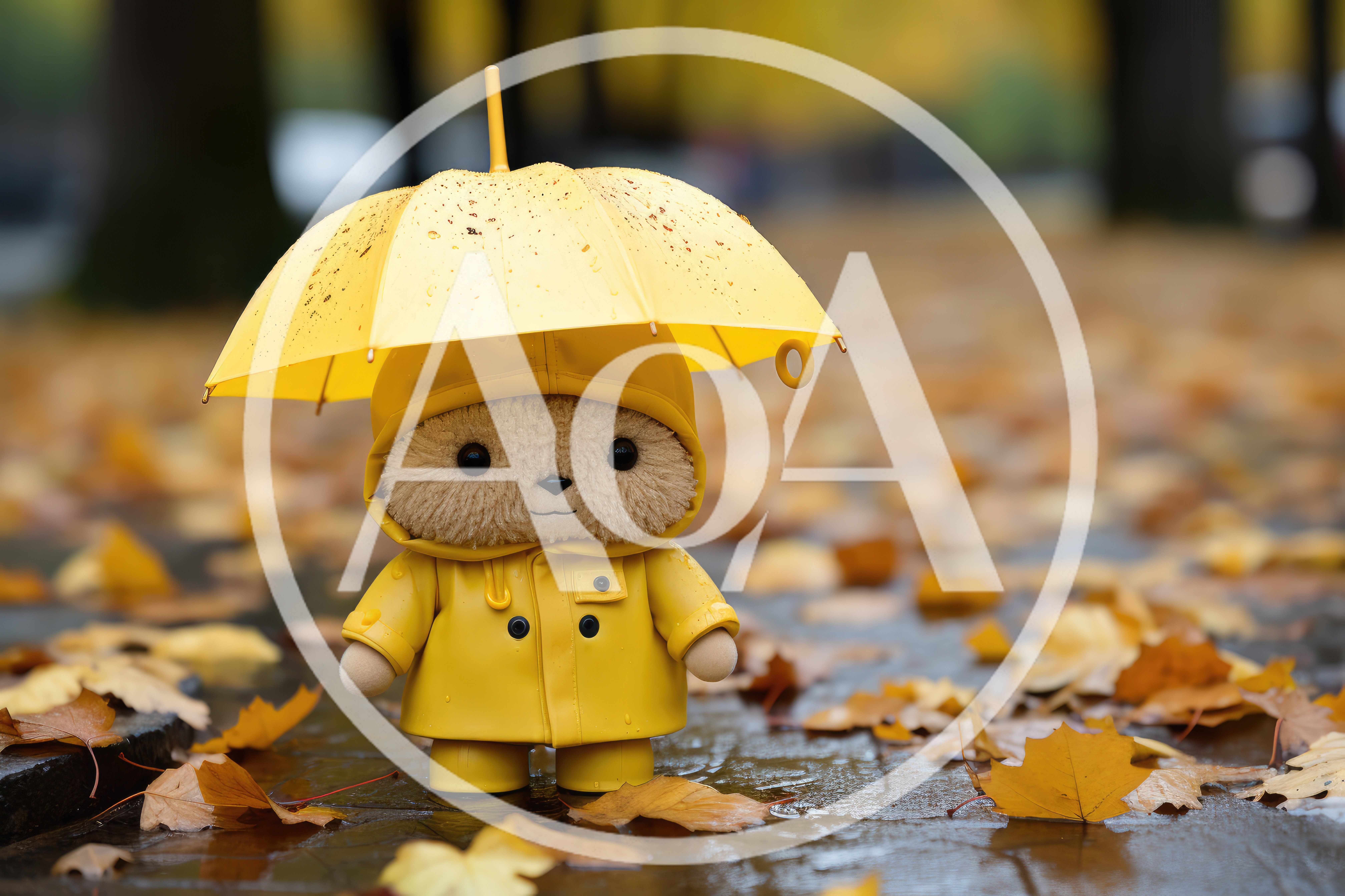 Cute Teddy Bear Wearing Yellow Raincoat And Umbrella