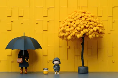 Stylized Miniature Figures With Umbrella And Tree
