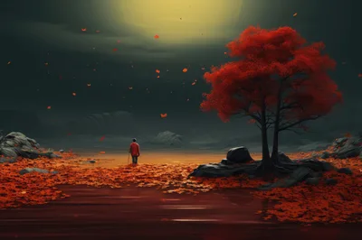 Lone Figure Standing By A Red Autumn Tree