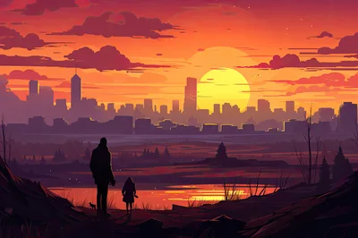 Father and Daughter Watching Sunset Over City Skyline