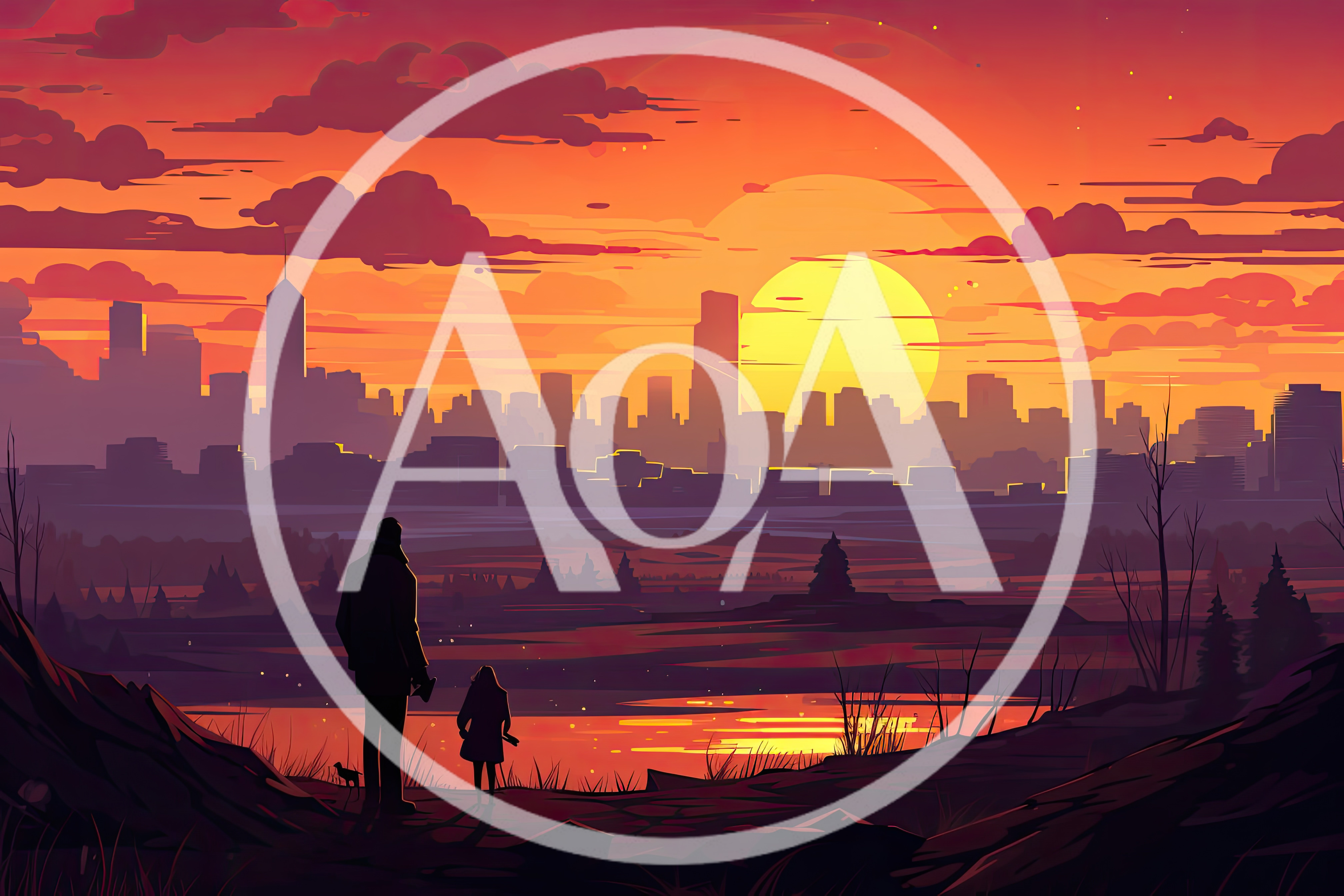 Father and Daughter Watching Sunset Over City Skyline