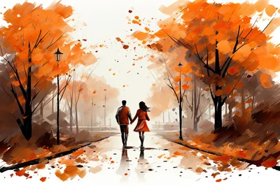 Couple Walking Hand In Hand Through Autumn Park