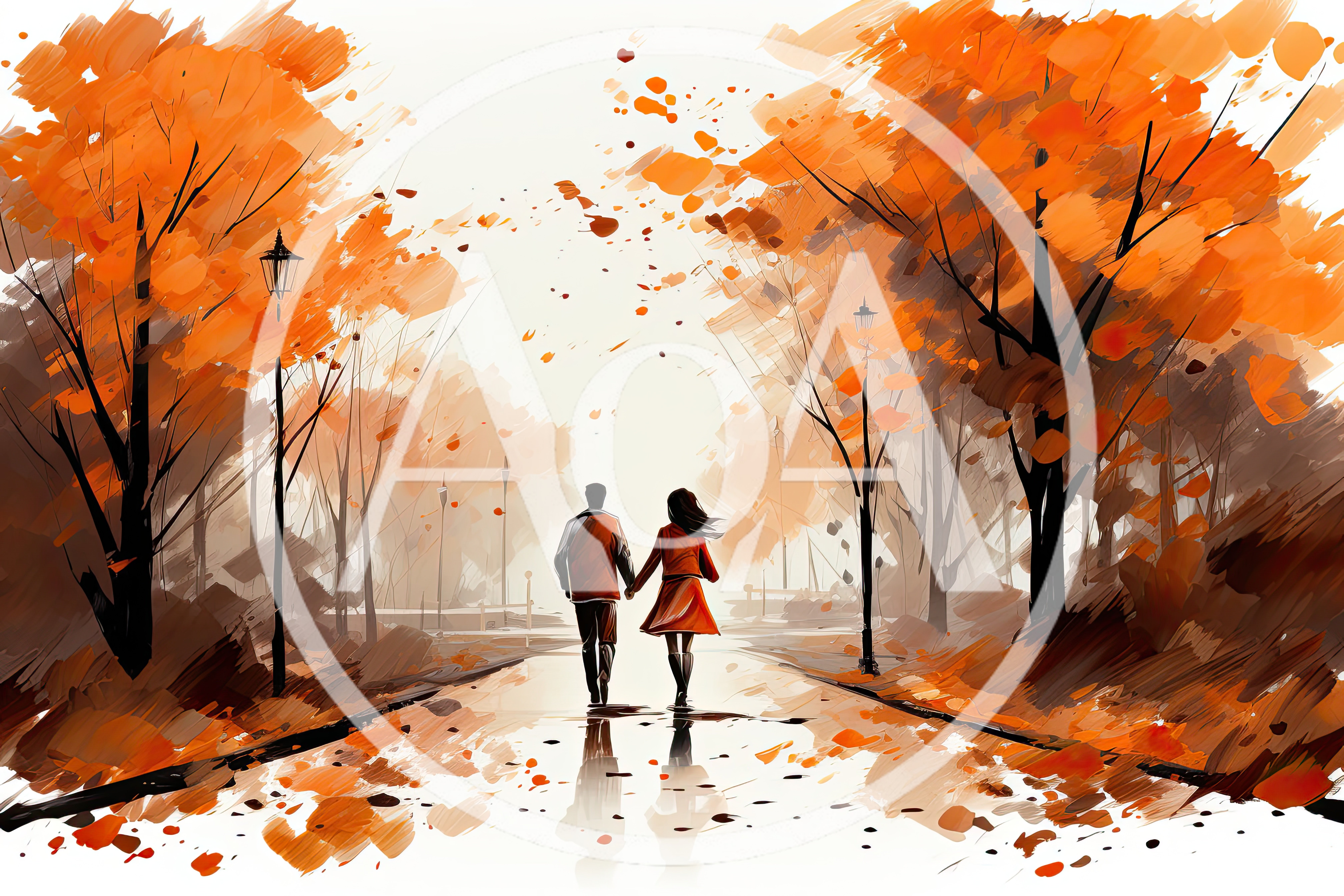 Couple Walking Hand In Hand Through Autumn Park