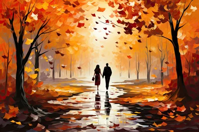 Couple Walking Through An Autumn Forest Path