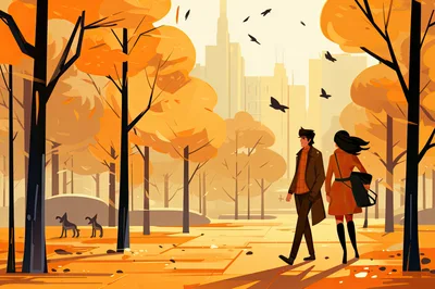 Couple Walking Through An Autumn City Park
