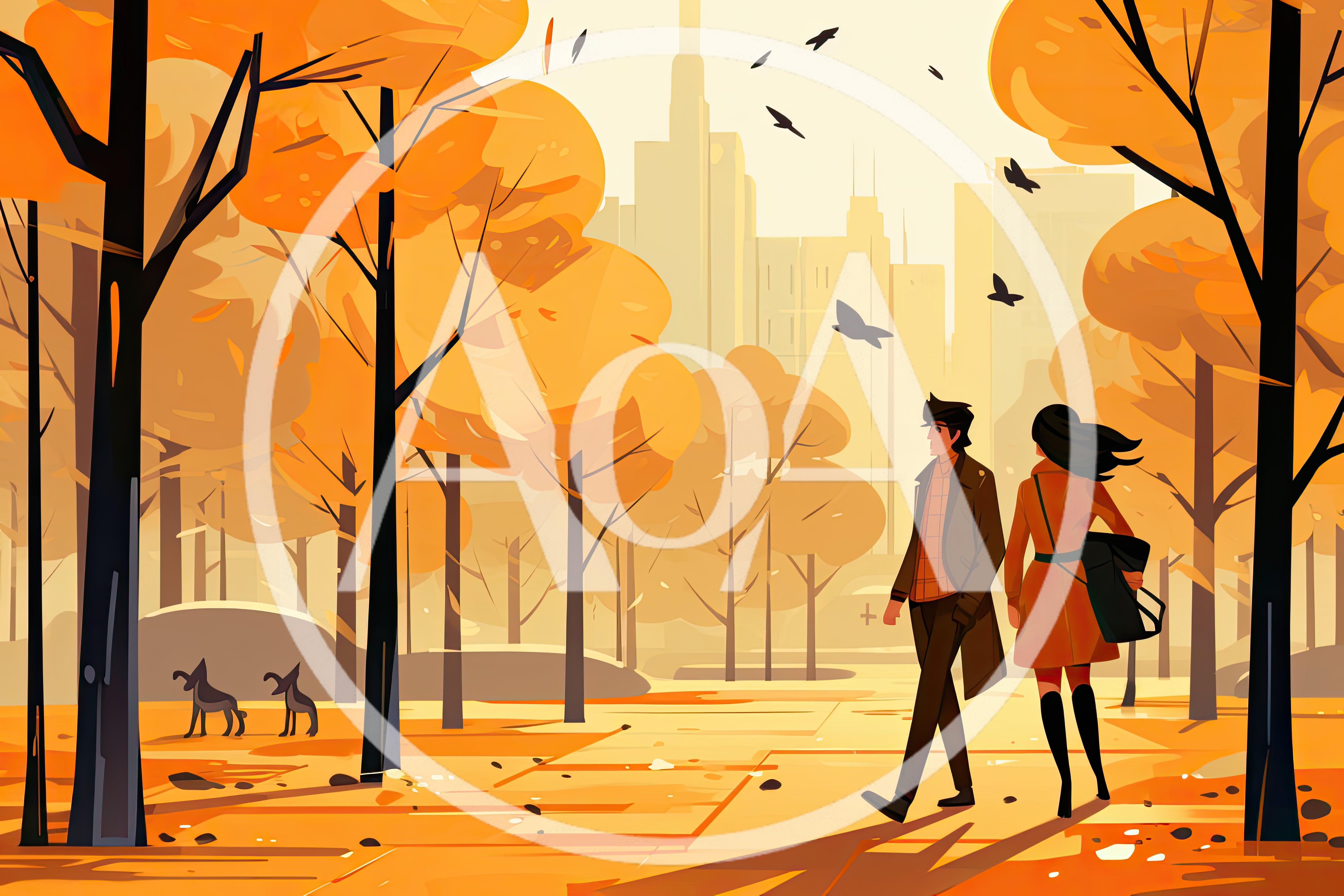 Couple Walking Through An Autumn City Park