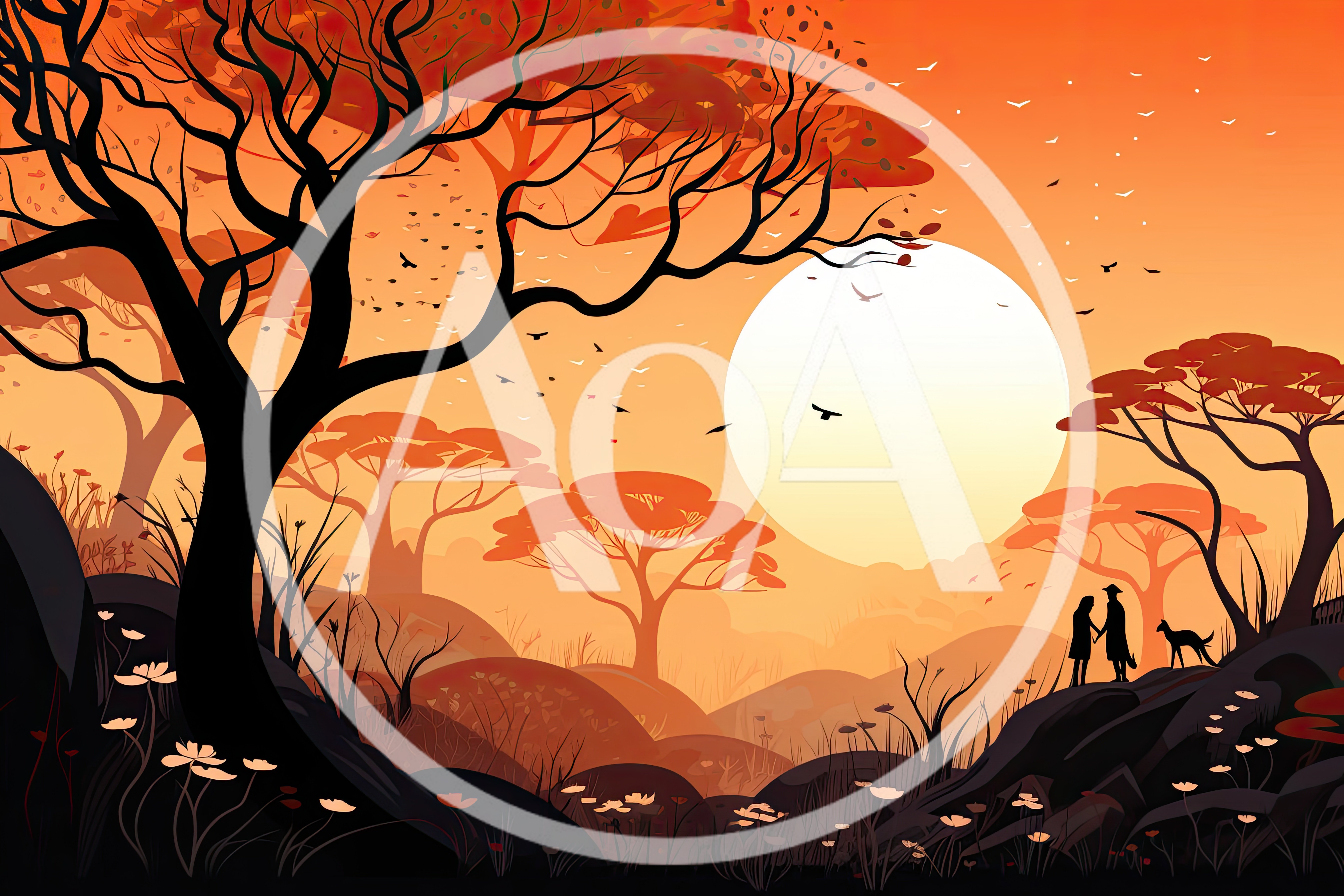 Couple Walking With Dog In Sunset Landscape