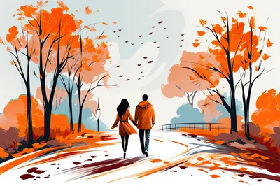 Couple Walking Together Through An Autumn Park