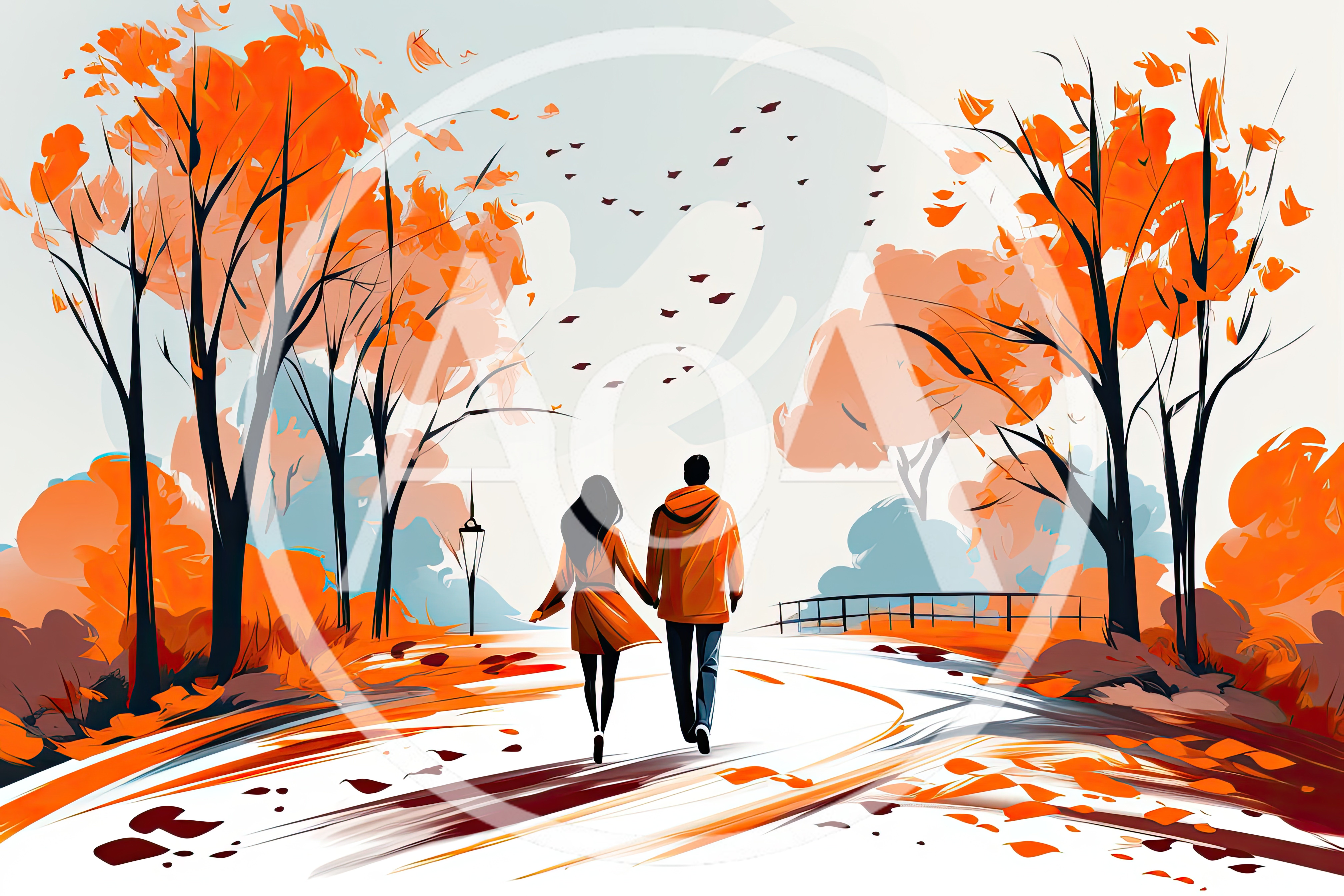 Couple Walking Together Through An Autumn Park