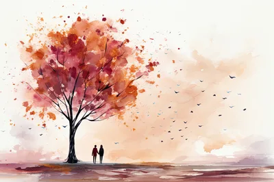 Couple Standing Under A Watercolor Autumn Tree