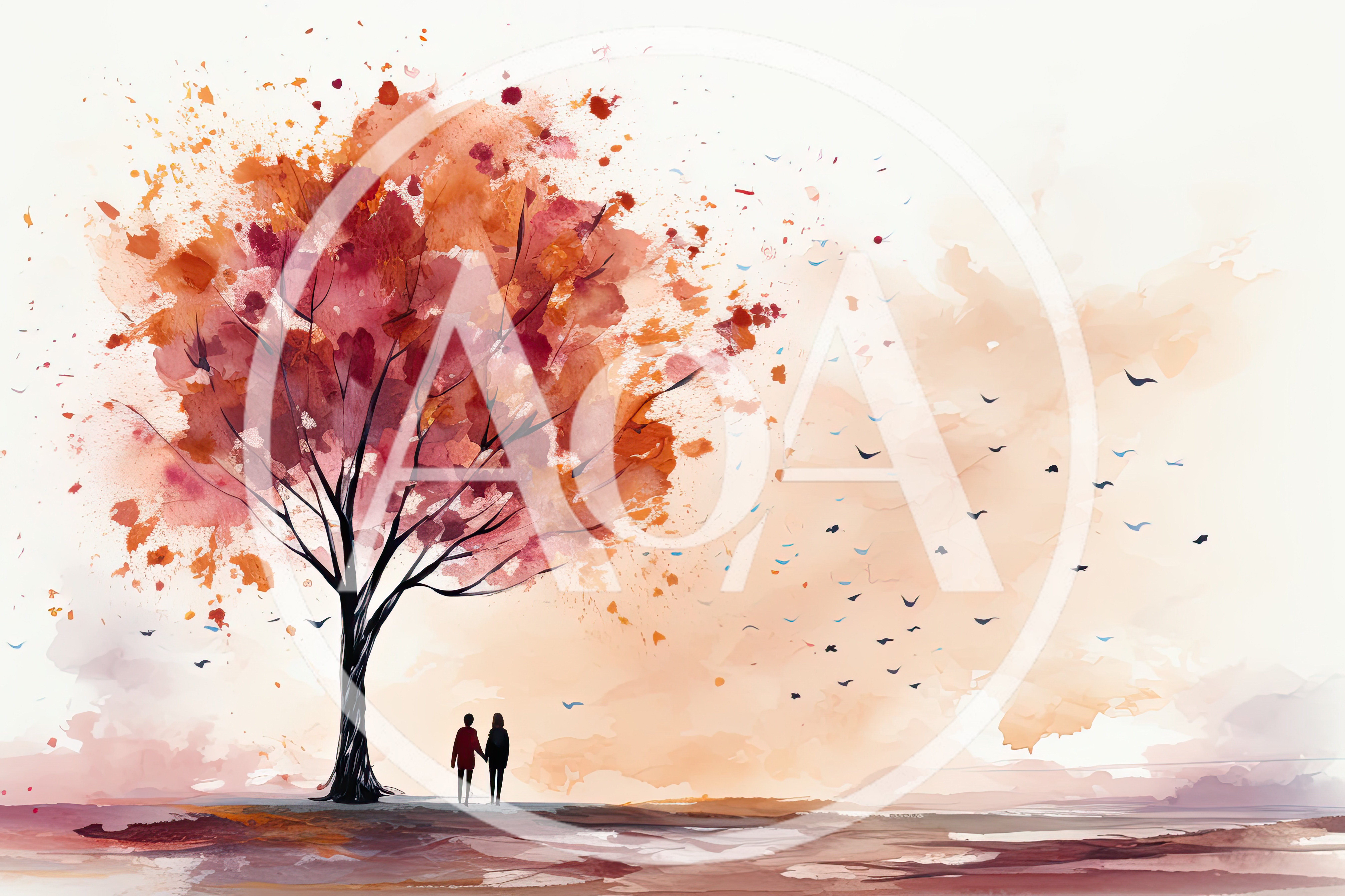 Couple Standing Under A Watercolor Autumn Tree
