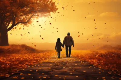 Grandfather and Granddaughter Walking Together in Autumn
