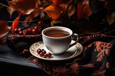Cup Of Tea With Berries On A Decorative Fabric