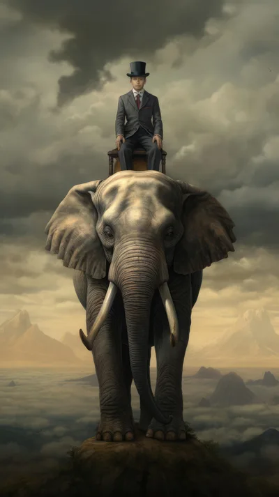 Surreal Portrait Of A Man In A Top Hat Riding An Elephant