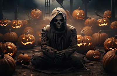 Grim Reaper Sitting Among Glowing Jack O Lanterns