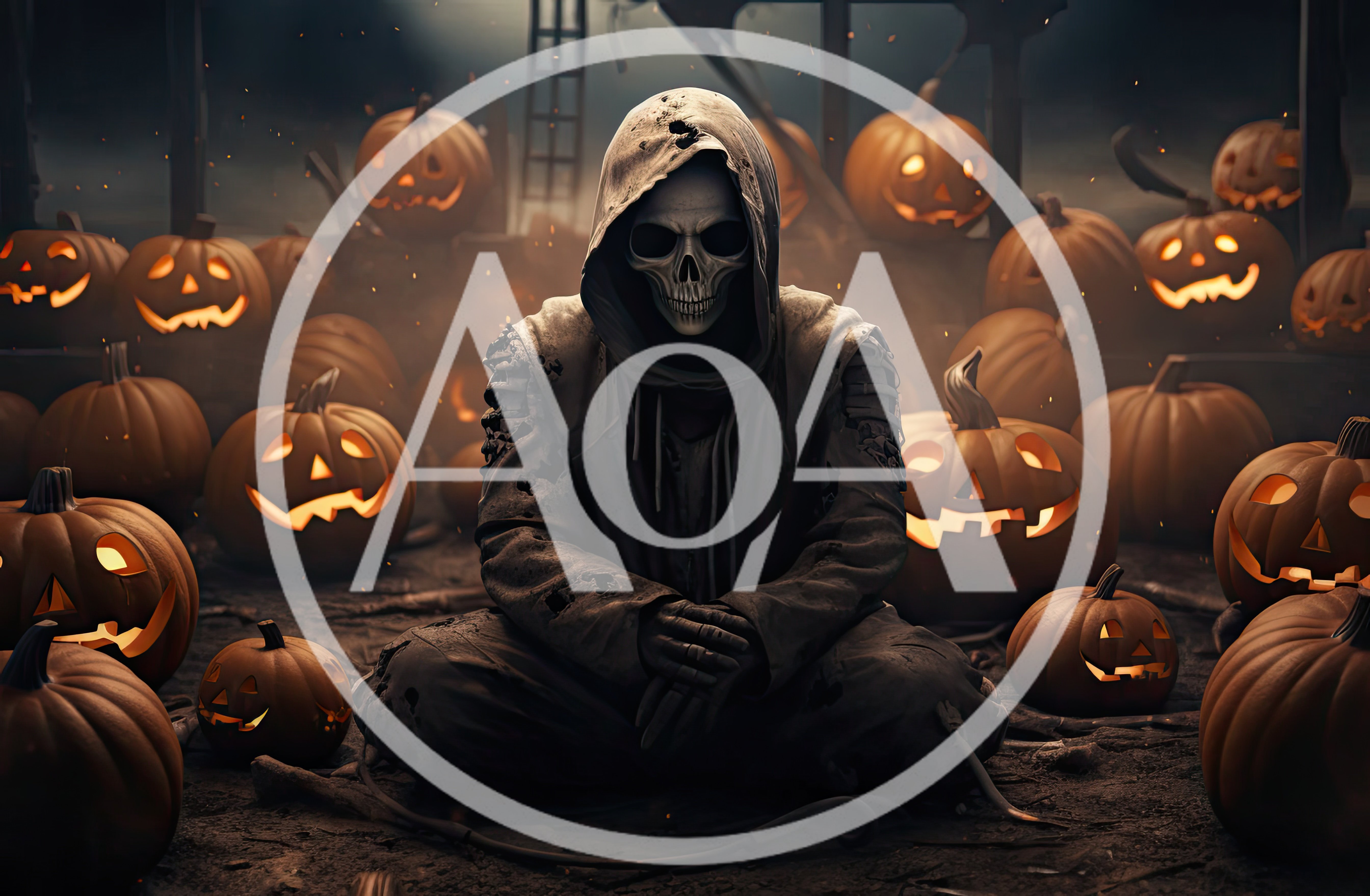 Grim Reaper Sitting Among Glowing Jack O Lanterns