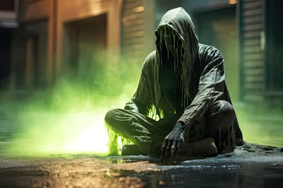 Hooded Figure Sitting In Glowing Green Toxic Mist