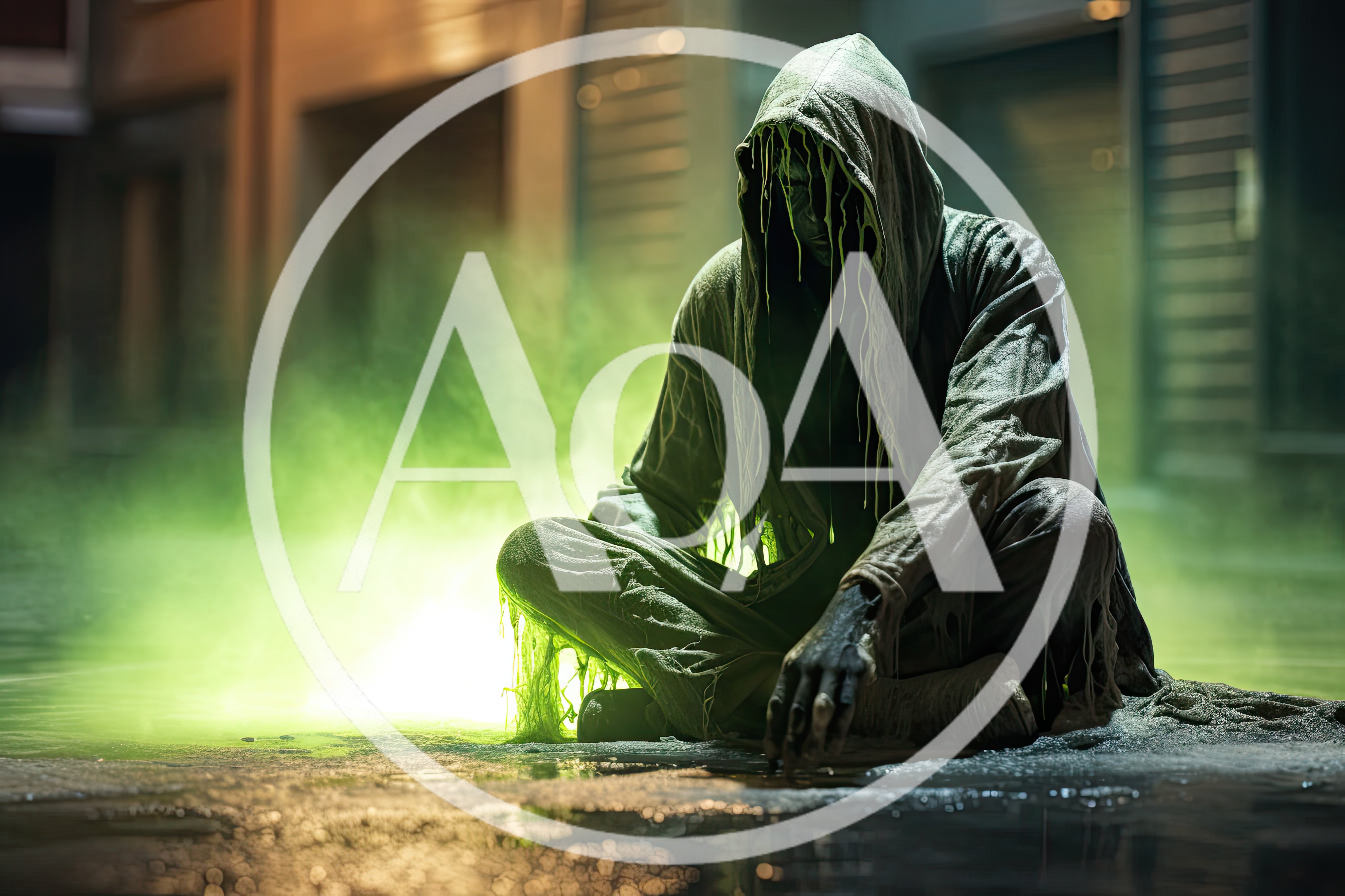 Hooded Figure Sitting In Glowing Green Toxic Mist