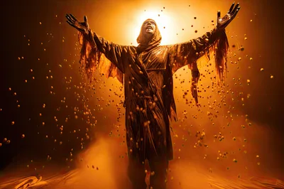 Ethereal Figure In Robes With Floating Golden Particles