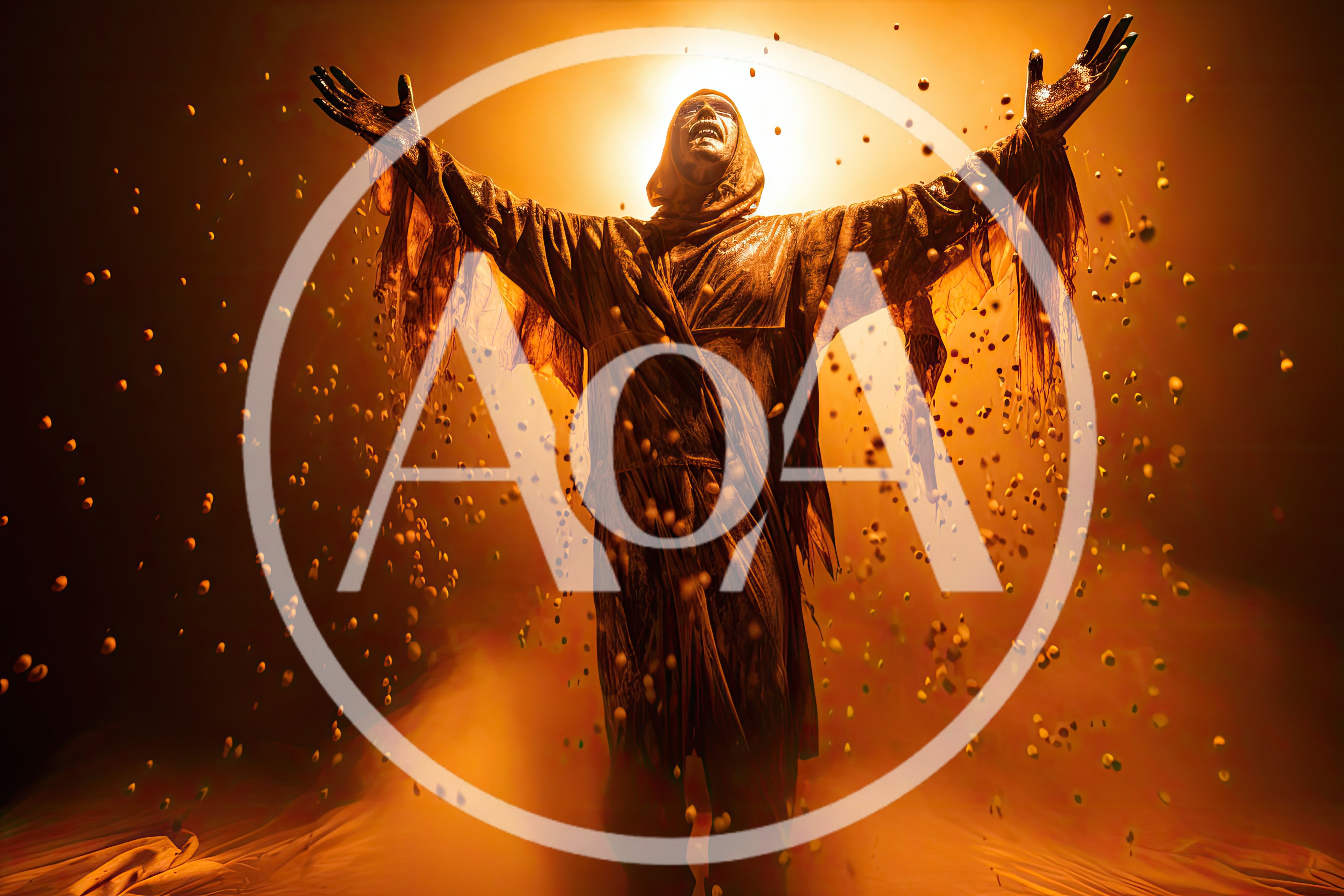 Ethereal Figure In Robes With Floating Golden Particles